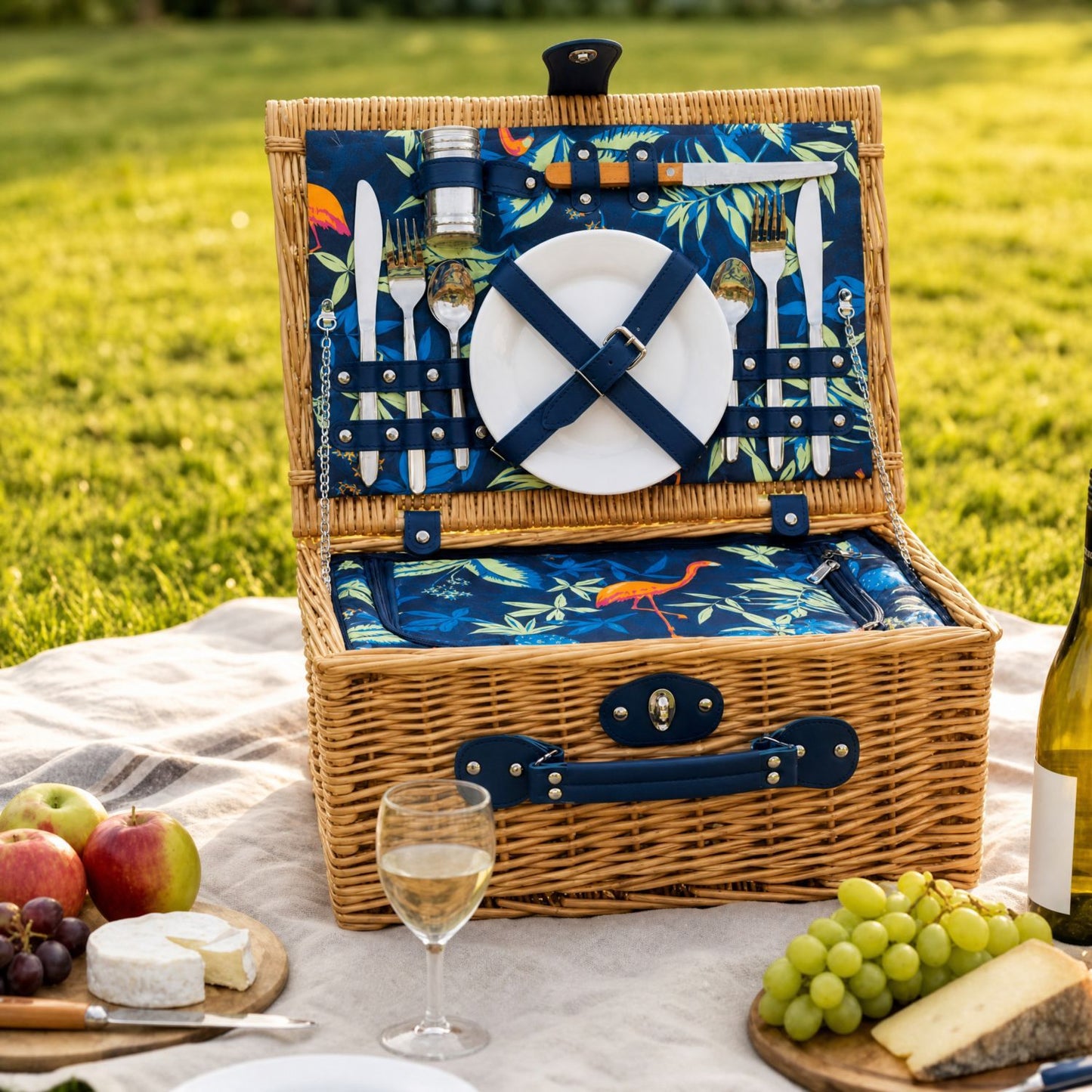 Damen Luxus Picknickkorb mit versetztem Geschirrfach und floralem Innenfutter Brehn