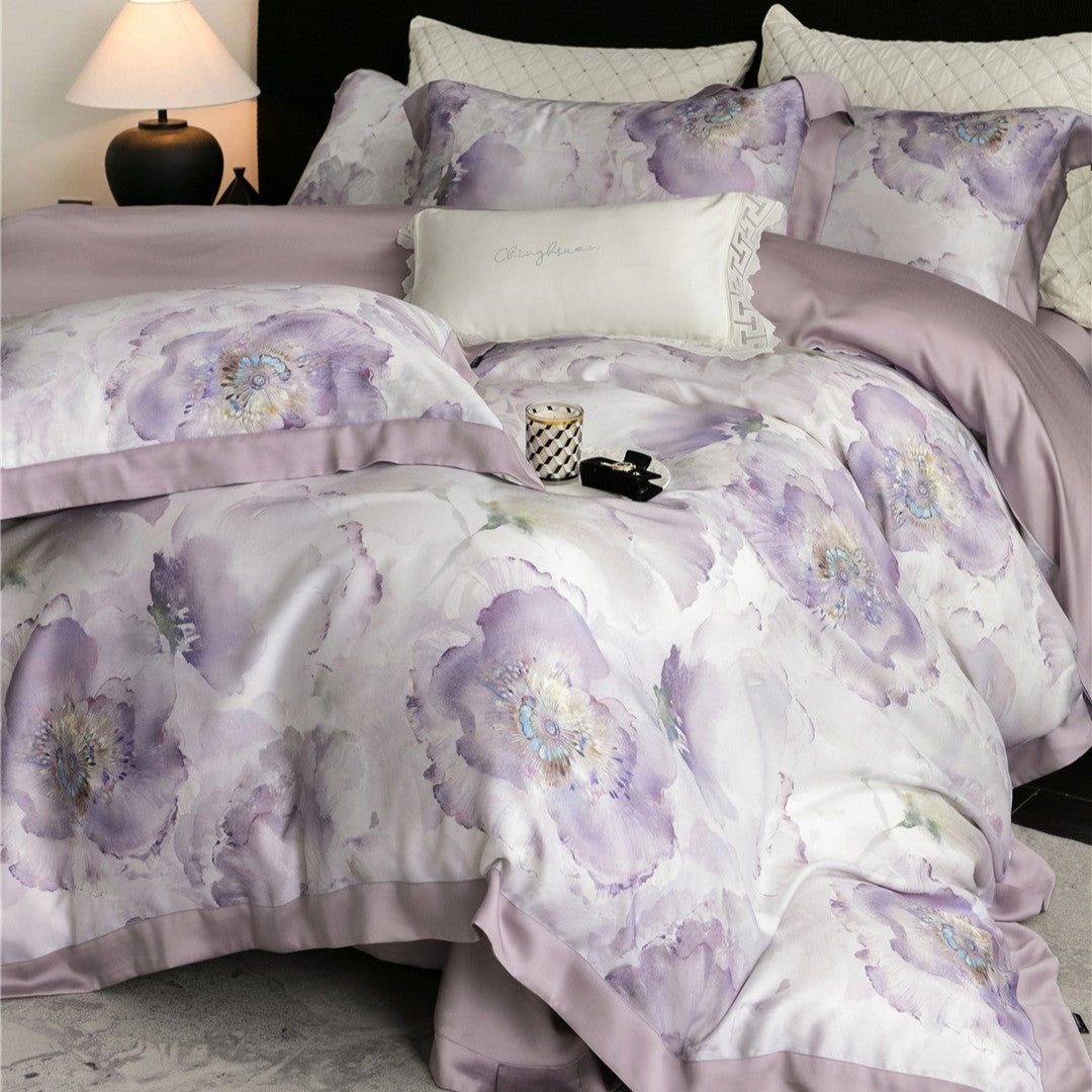 Luxus Aquarell Floral Gebürstet Mikrofaser Bettbezug Set mit Paspelbesatz