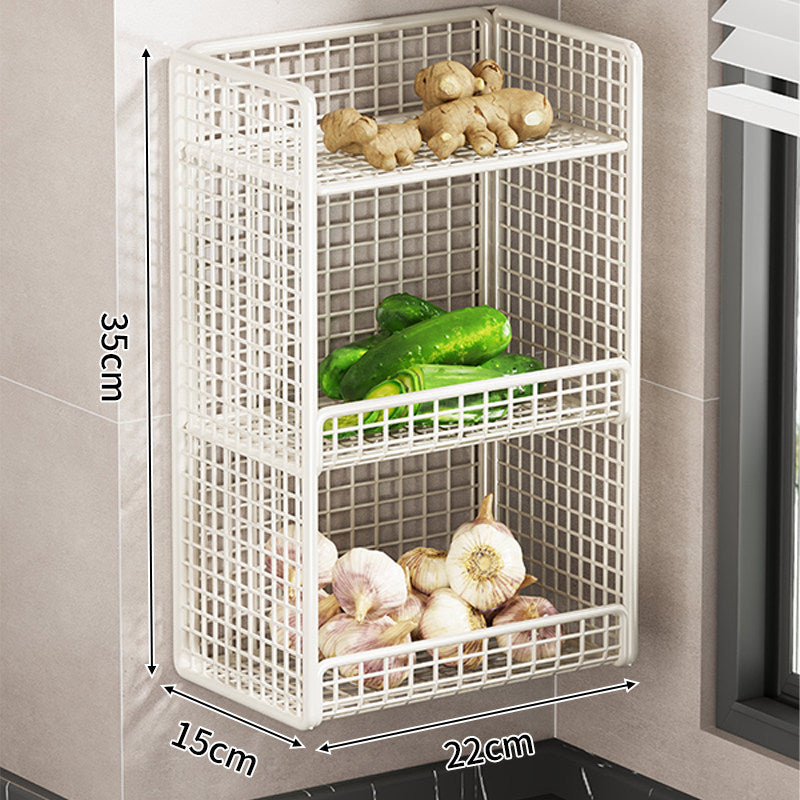 Wandmontierter dreistufiger Mesh-Küchenorganizer mit seitlichem Utensilienfach
