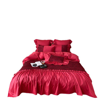Luxuriöses Satin-Bettwäsche-Set mit Rüschen und Spitzenapplikation