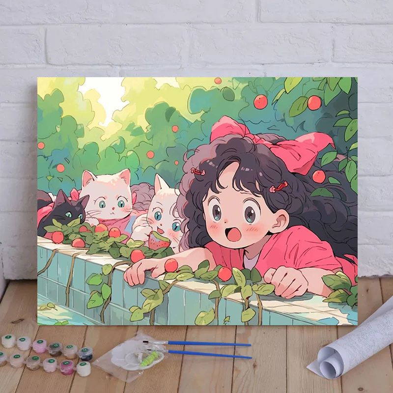 Cartoon Cat und Mädchen Themenleinwand Malset nach Zahlen Brehn