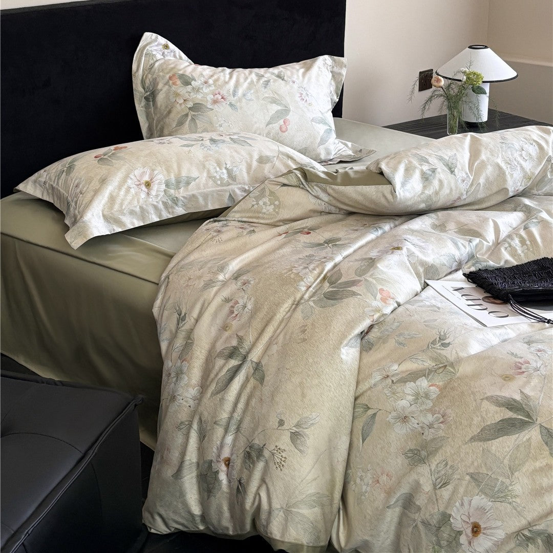 Luxuriöses leichtes Baumwollsatin Blumen-Bettbezug-Set mit satinierter Rückseite und verstecktem Verschluss