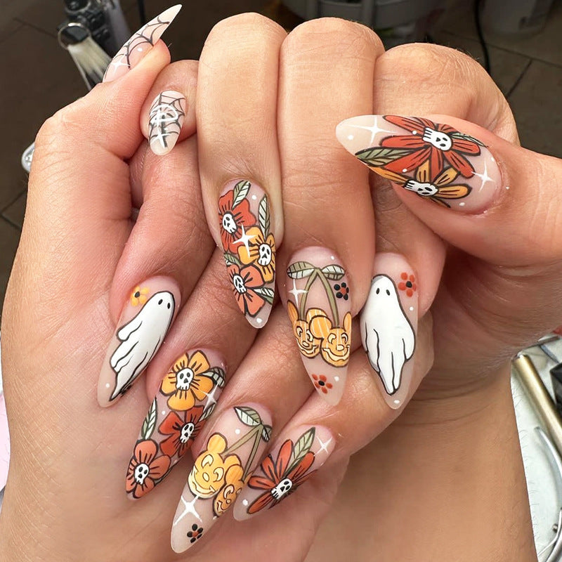Künstlerisches Press-On-Nagelset mit saisonalen Blumen- und Geisterdesigns Brehn