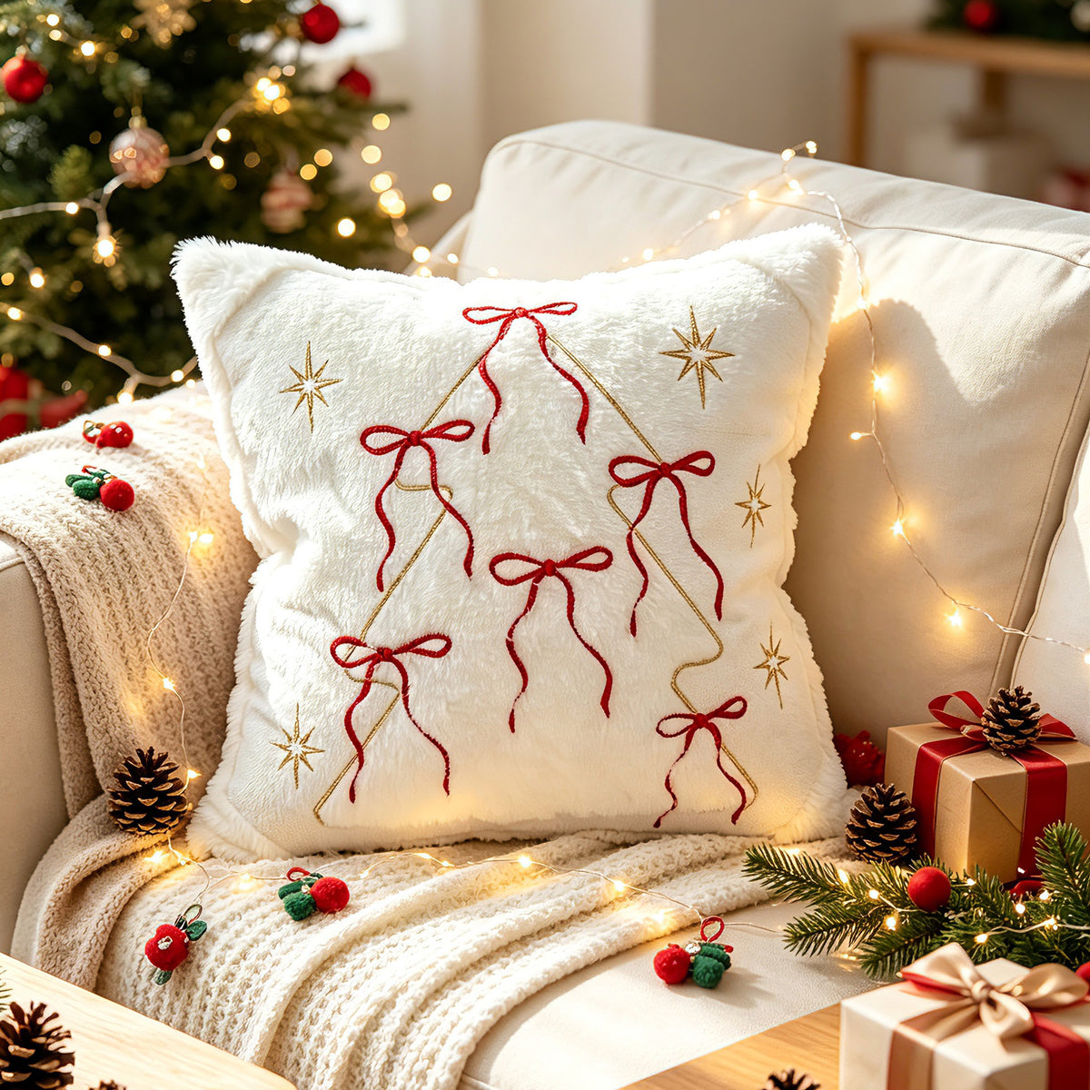 Festliches besticktes Kunstfell-Weihnachts-Wurfkissen