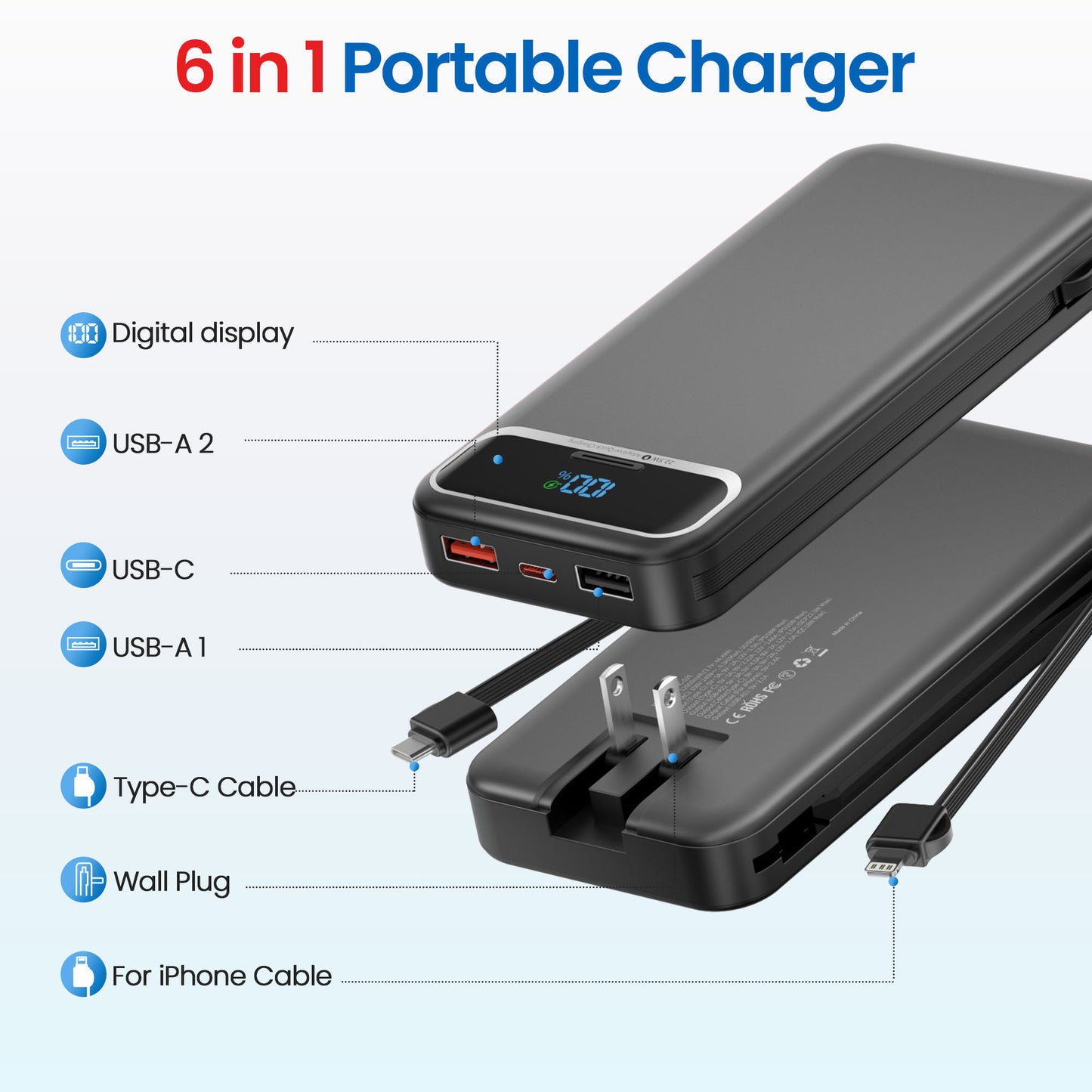 Powerbank mit Integriertem Ladegerät und Lcd-Display Brehn