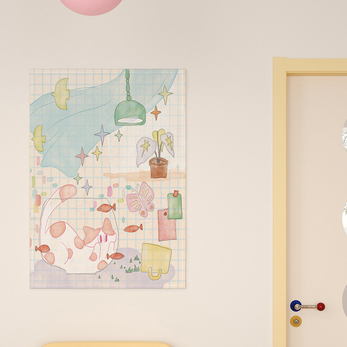 Pastel Grid Illustration Wall Tapestry for Kids Room Decor