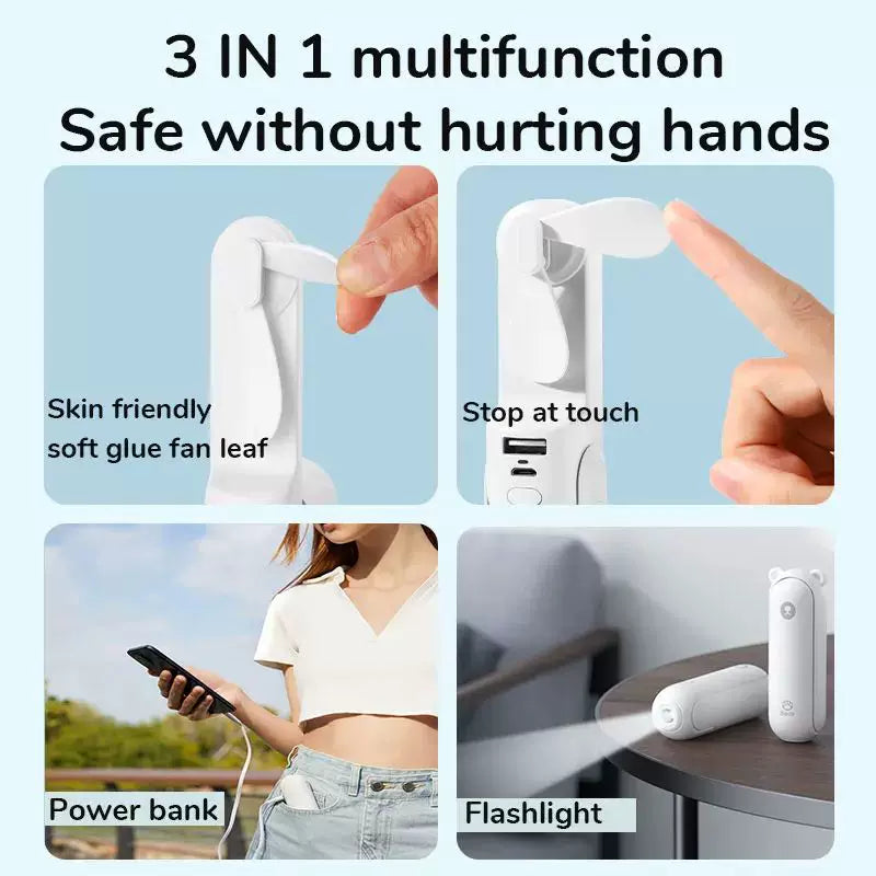 Unisex Einheitsgröße faltbarer wiederaufladbarer Dreifach-Handheld-Mini-Ventilator mit integriertem Powerbank USB-C und USB-A Anschlüssen sowie Handgelenksschlaufe Brehn