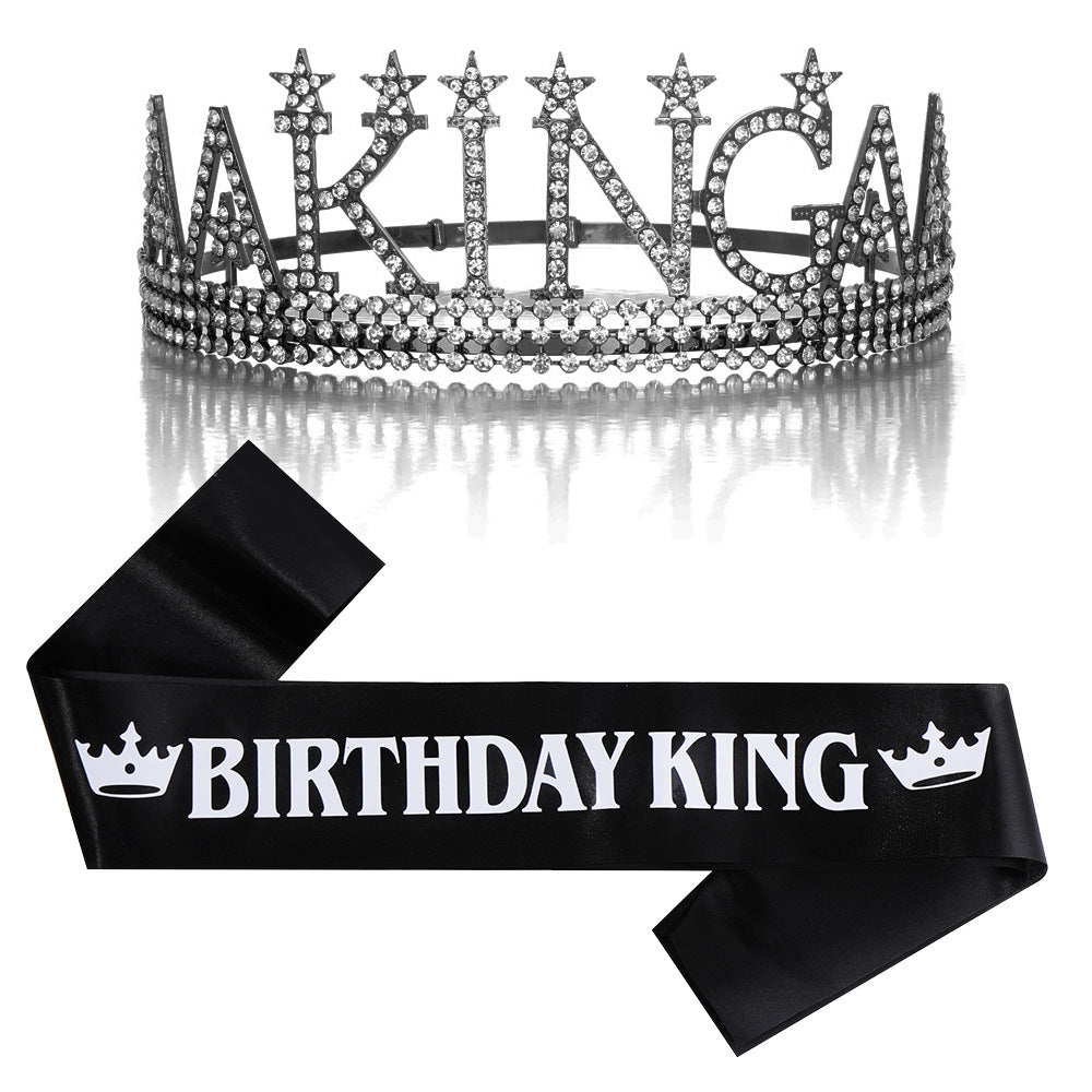Damen Glitzernde Geburtstagskrone mit einem regalem "Birthday King"-Schärpen-Set Brehn