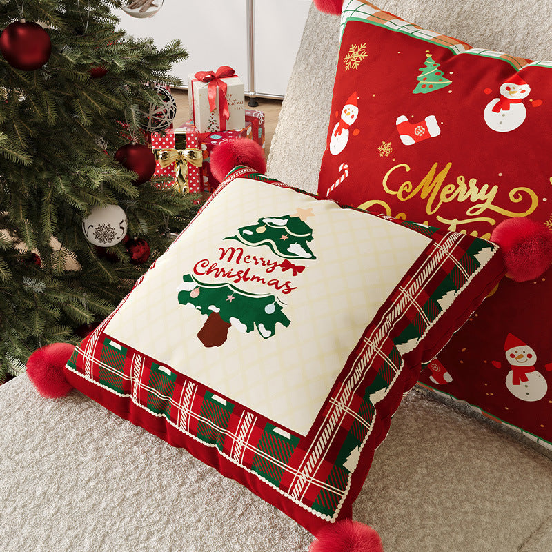 Festive Plaid Pom-Pom Corner Decorative Christmas Throw Pillow Cover