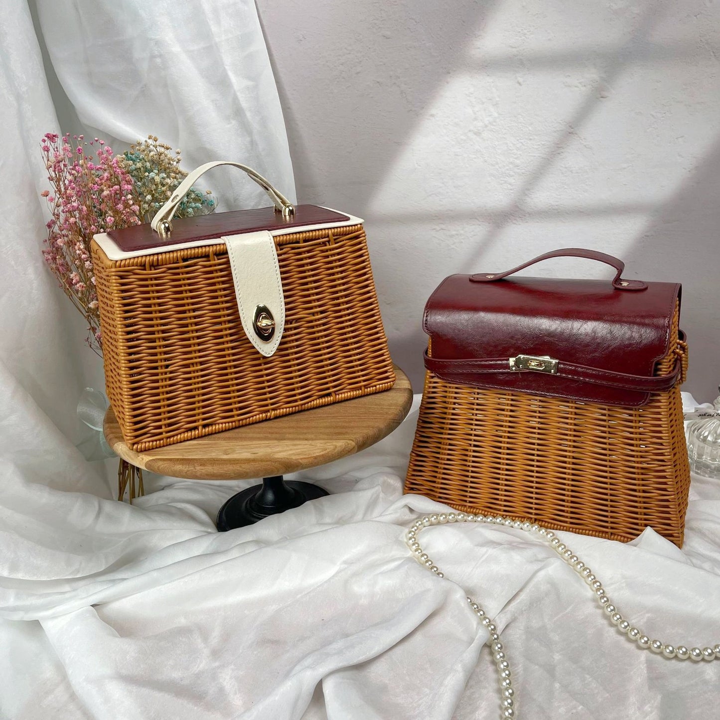 Damen eleganter geflochtener Handtasche mit Holzdeckel Brehn