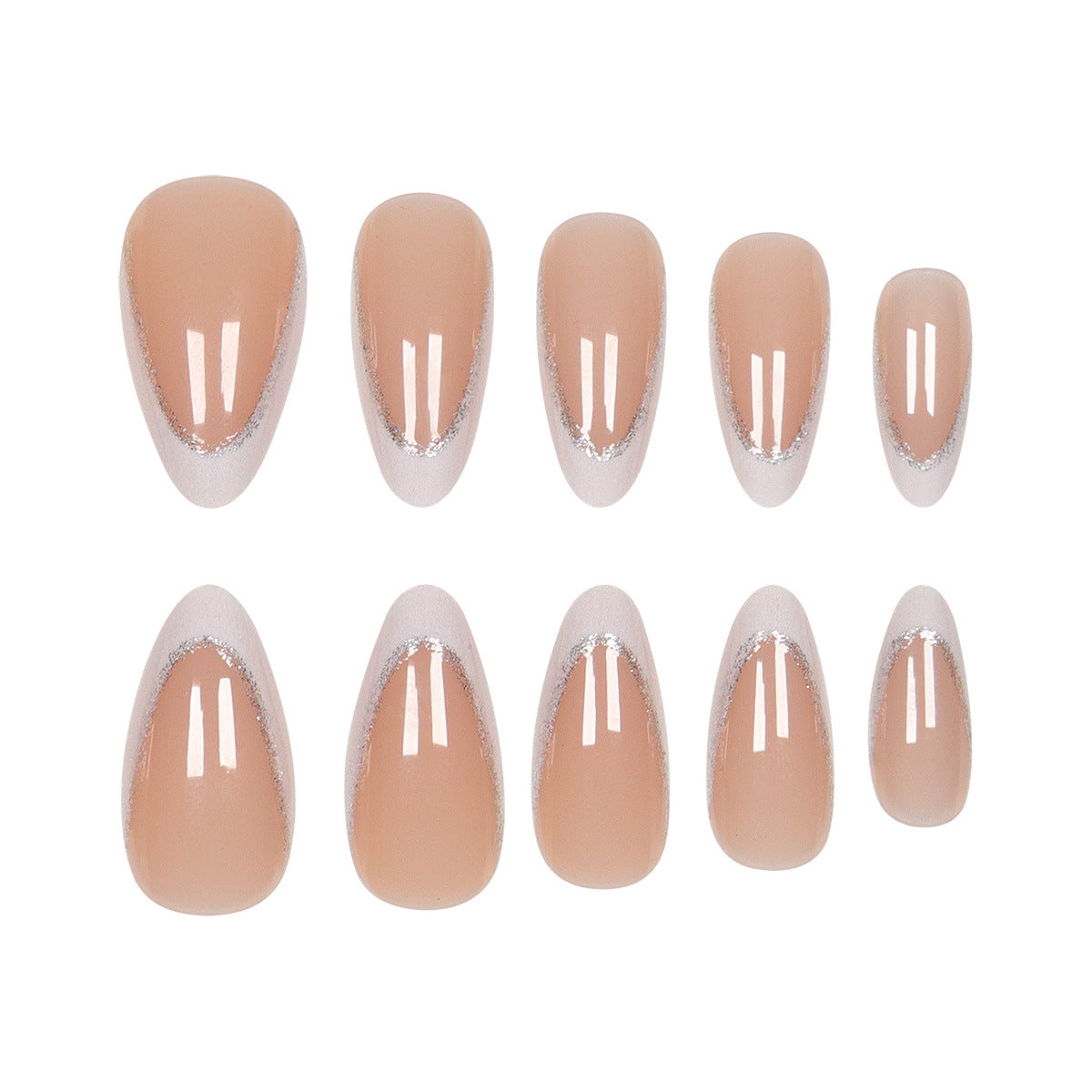 Elegante Stiletto-Klebe-Nägel mit silbernen Glitzerakzenten Brehn