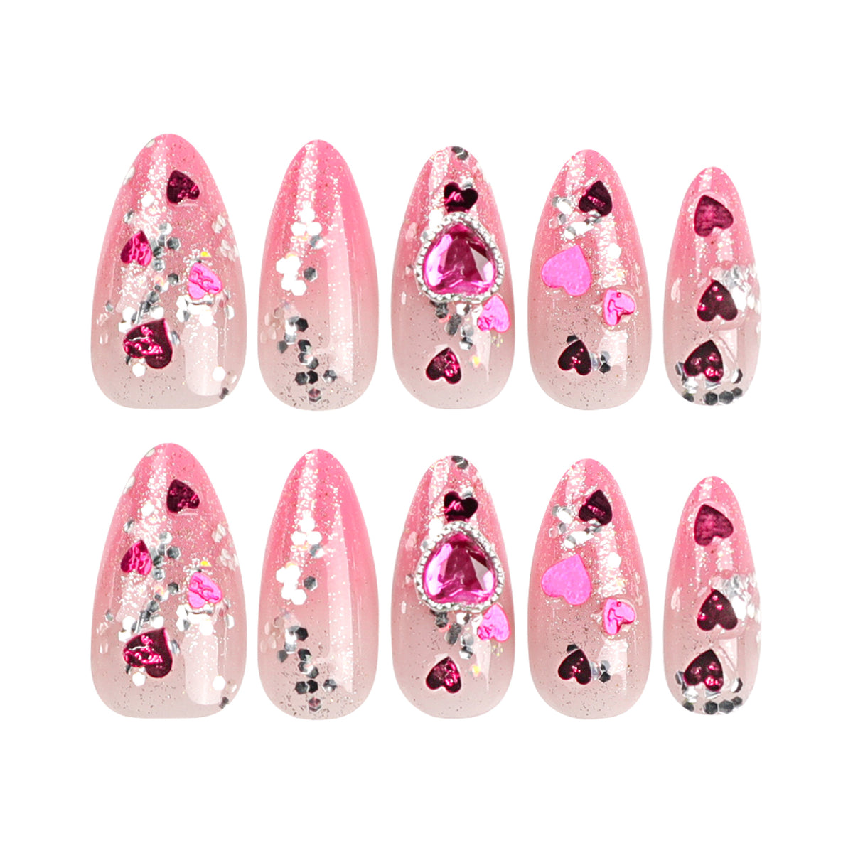 Kunstvolle Nagelkunst mit verspielten Herzmotiven und Glitzer Brehn