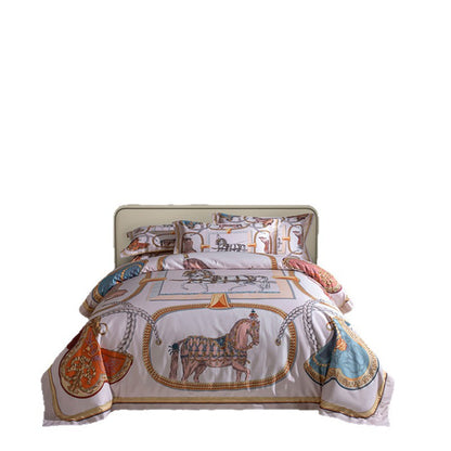 Bedrucktes Reiter-Cotton-Satin-Bettbezug-Set mit blauen Kissenbezügen