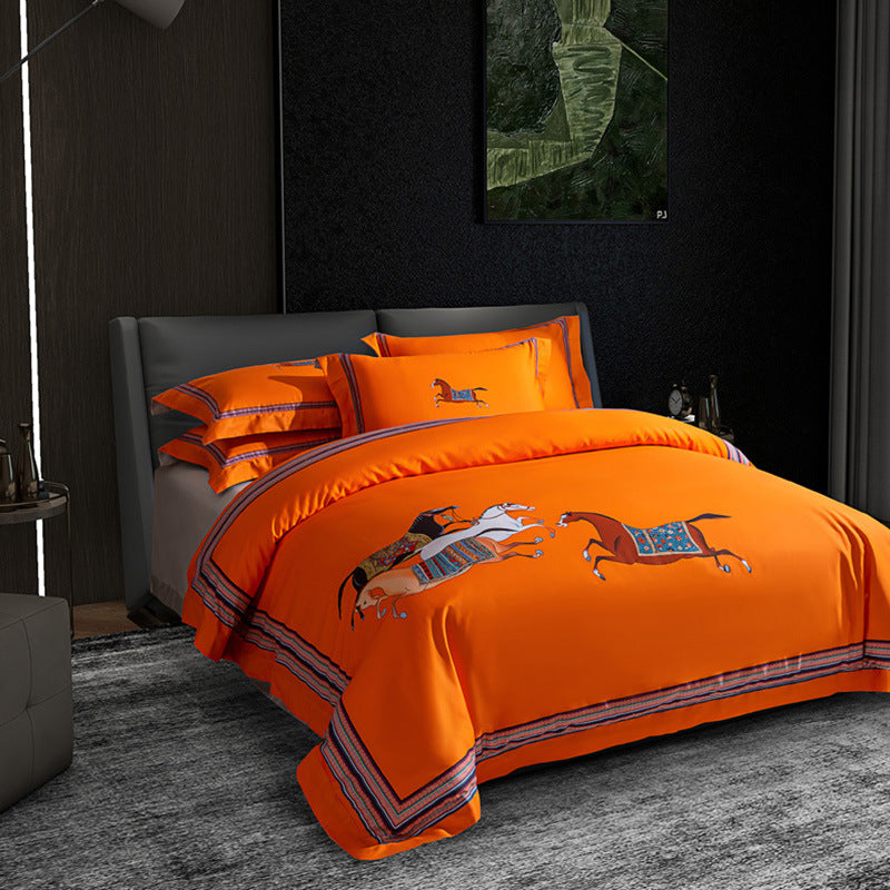 Bedrucktes Reiter-Cotton-Satin-Bettbezug-Set mit blauen Kissenbezügen