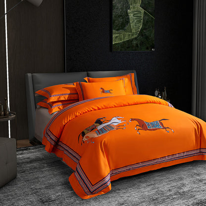 Bedrucktes Reiter-Cotton-Satin-Bettbezug-Set mit blauen Kissenbezügen