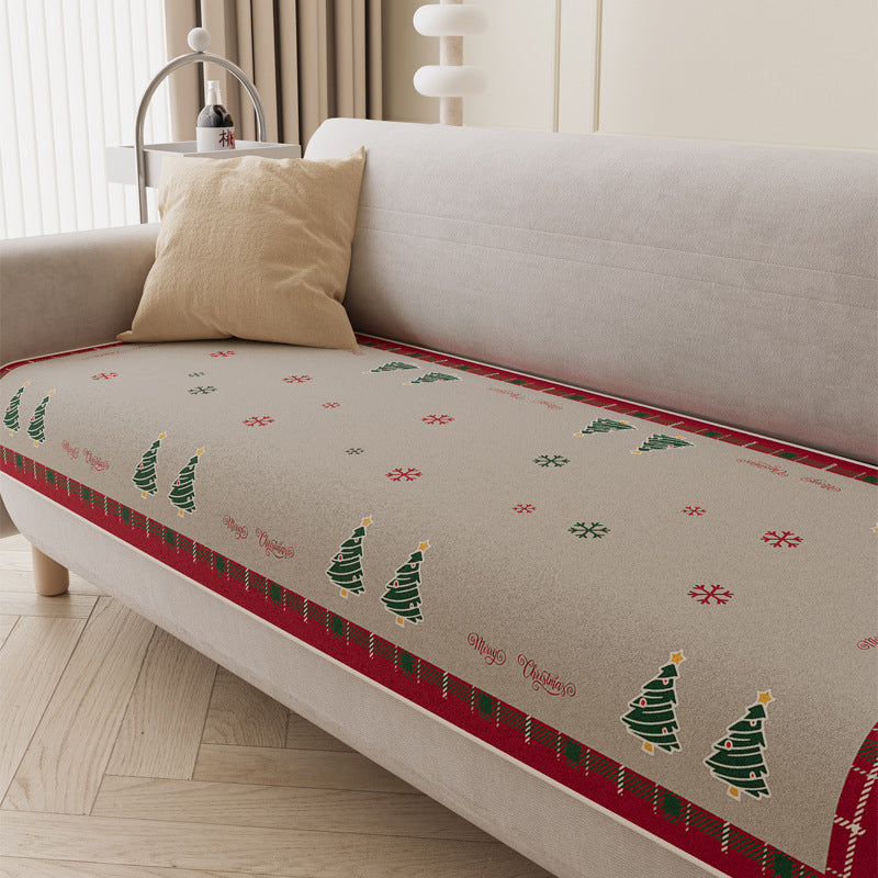Quilted Holiday Sofa Seat Protector with Anti-Slip Backing and Christmas Tree Print