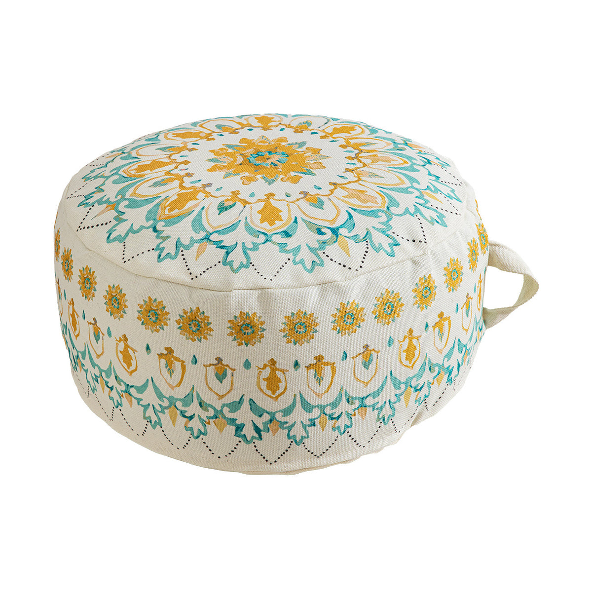 Rundes Sitzpouf mit gewebtem Baumwollbezug und ethnischem Mandala-Print Brehn