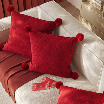 Luxurious Velvet Pom-Pom Throw Pillow with Jacquard Heart Pattern