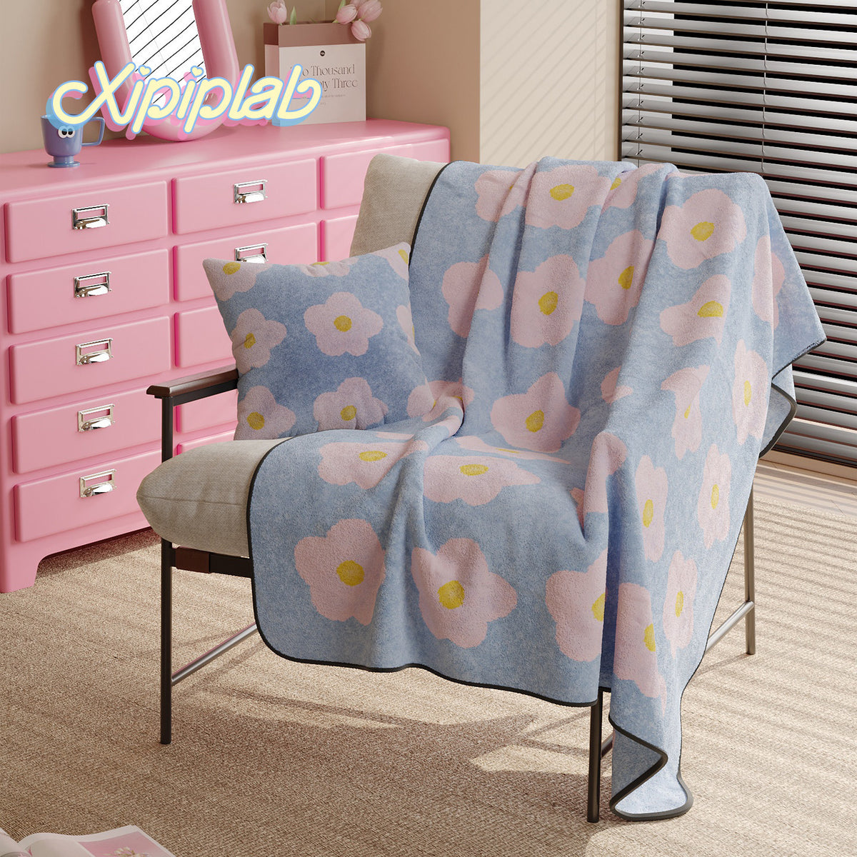 Plush Microfiber Reversible Throw Blanket and Decorative Pillow Cover Set with Oversized Flower Motif