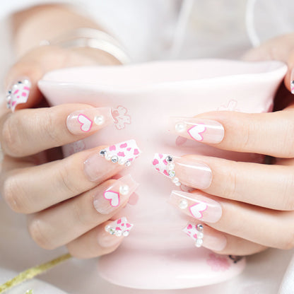 Dekorative 3D Herz und Leopardenmuster Press-On Nagelset Brehn