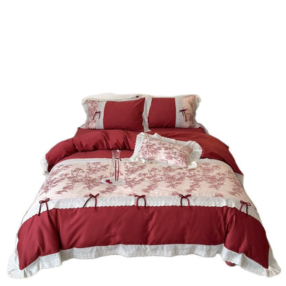 Baumwoll-Satin Bestickte Floral-Spitzenrand Bettwäsche Set