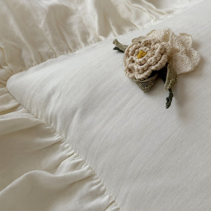 Gewaschenes Leinen Rüschen-Bettbezug-Set mit besticktem Blumenapplikation