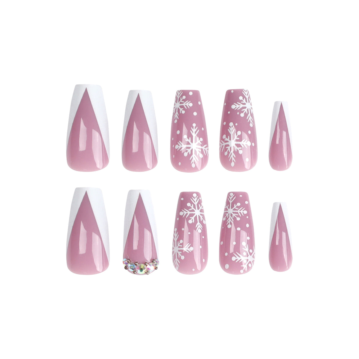 Kunstvolle Nagelverlängerungen mit Schneeflocken-Design und Glitzerakzenten Brehn