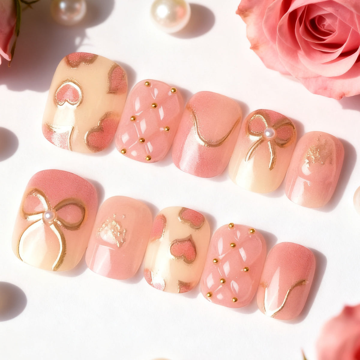 Elegantes Herz- und Band-Thema Press-On Nagelset Brehn