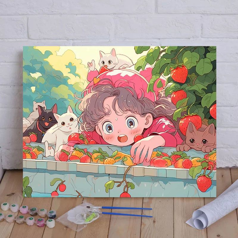 Cartoon Cat und Mädchen Themenleinwand Malset nach Zahlen Brehn