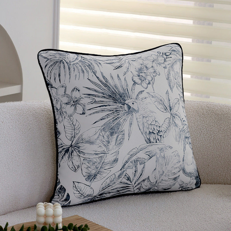 Quadratischer Zierkissenbezug mit botanischem Papageien-Illustrationsdruck und feiner Kedernaht Brehn