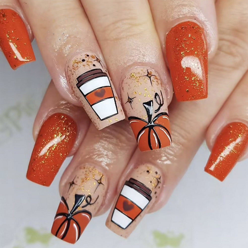 Saisonales Kürbis-Themen Press-On Nagelkunst Design Brehn