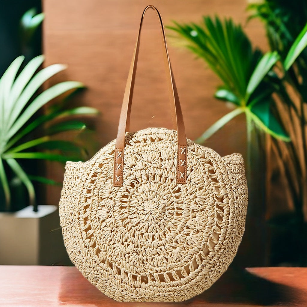 Handgefertigte Runde Basttasche mit Eleganten Ledergriffen Brehn