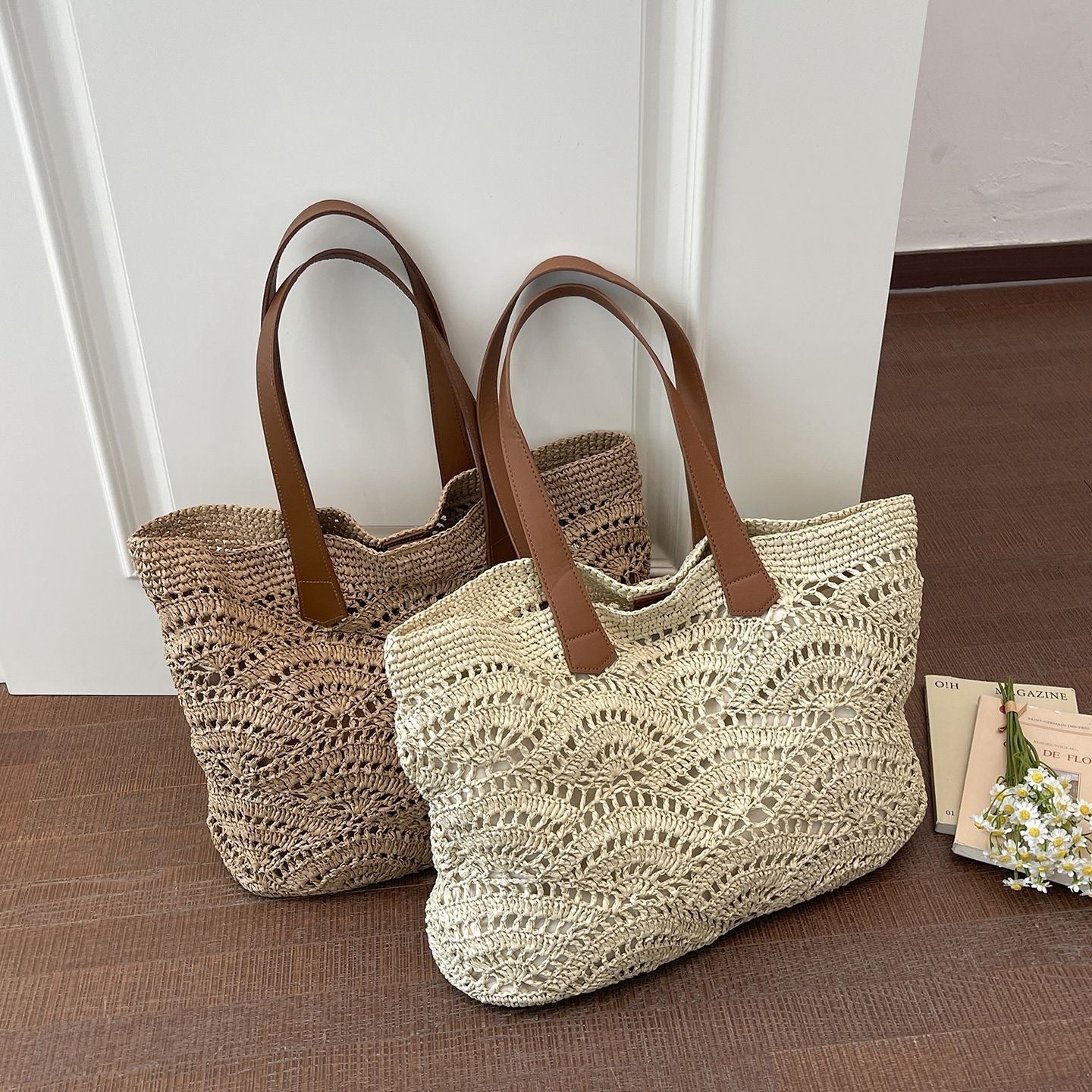 Handgewebte Makramee-Tasche mit Ledergriffen Brehn