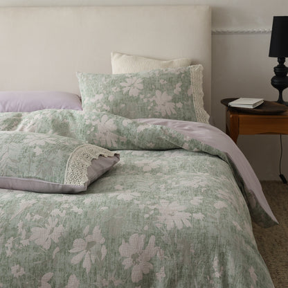 Florales Jacquard Bettbezug-Set mit Häkelspitzenbesatz