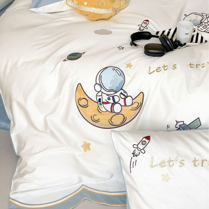 Kinderzimmer Raumfahrt-Themen besticktes Baumwollsatin Bettwäsche Set mit gewelltem Saum und Kissenbezügen