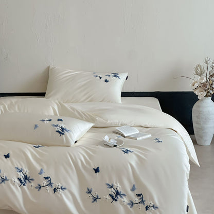 Luxus Satin Baumwolle Besticktes Floral Bettbezug Set