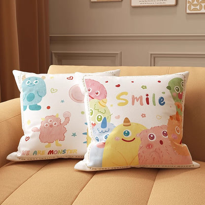 Square Illustrated 'Smile' Microfiber Front Cushion Cover with Hidden Zipper