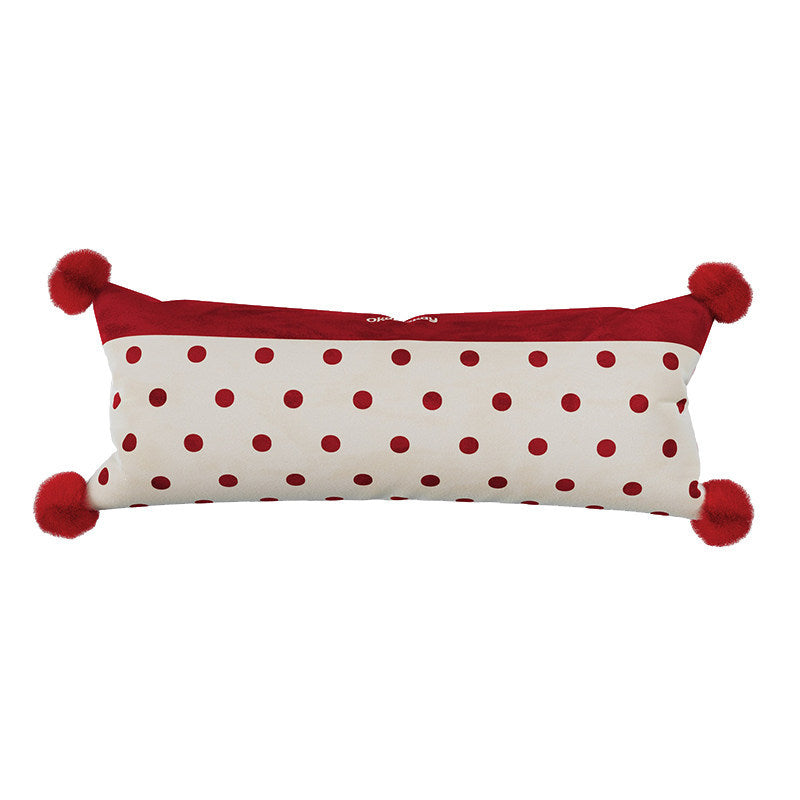 Decorative Long Lumbar Cushion Cover with Striped and Polka Dot Print and Corner Pom-Poms