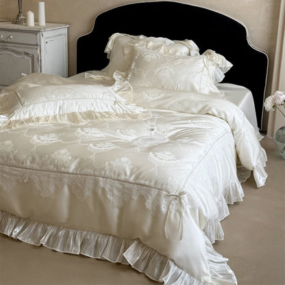 Spitzenbesatz Satin-ähnliches Rüschende Bettbezug Set mit eingewebtem Medaillon Jacquard