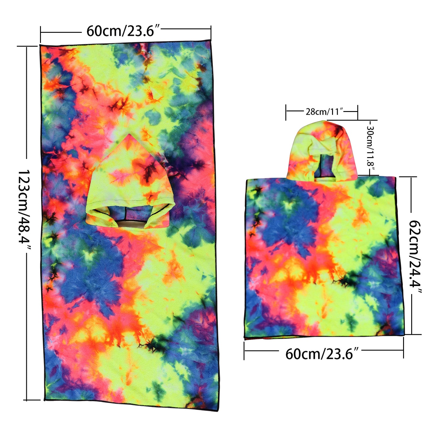 Damen Fleece-Poncho mit Kapuze und buntem Tie-Dye-Design Brehn