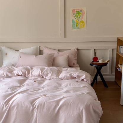 Bestickte botanische Baumwollsatin Bettwäsche Set mit Eckenbindern
