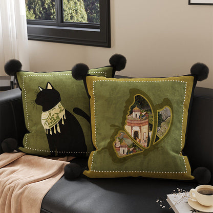 Decorative Velvet Throw Pillow Cover with Cat Silhouette and Corner Pom-Poms