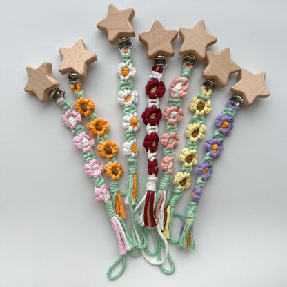 Makramee Kinderwagen- und Schnuller-Lanyard mit Holzstern-Clip