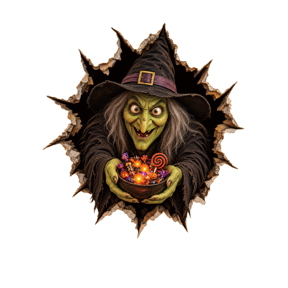 Realistisches 3D Wandtattoo Halloween‑Hexe mit durchbrechender Wand und Süßigkeiten