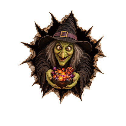 Realistisches 3D Wandtattoo Halloween‑Hexe mit durchbrechender Wand und Süßigkeiten