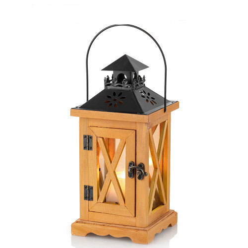 Rustikale Vintage-Holz-Glas-gemusterte dekorative Kerzenlaterne mit Metalloberseite und Traggriff Brehn