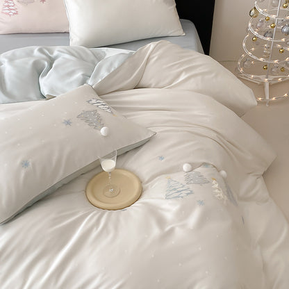 Besticktes Pom-Pom Baumwollsatin Bettwäsche Set mit dekorativem runden Kissen