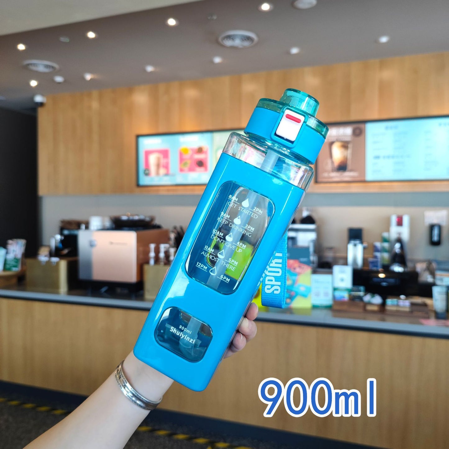 Damen Trinkflasche mit integrierter Zeitmarkierung und Strohhalm Brehn