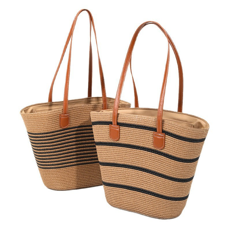 Damen elegante Strohtasche mit stilvollen Ledergriffen Brehn