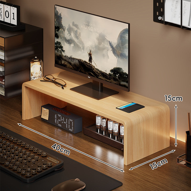 Niedrigprofilierte gebogene Desktop-Monitor-Plattform mit integriertem Unterregal-Organizer und ambienter Hintergrundbeleuchtung